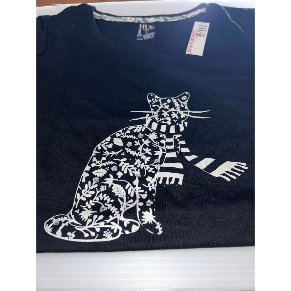 Hue Pajama Set Womens Large Black White Cat Floral Rhinestone 2pc Sleepwear NWT - Picture 8 of 8